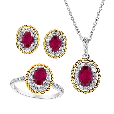 Created Ruby Ring, Earring, & Necklace Set, Silver.....................NOW