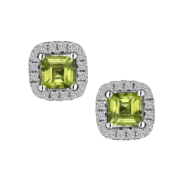 Genuine Peridot and .08 Carat of Diamonds Halo Stud Earrings, 10kt White Gold.....................NOW