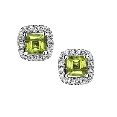 Genuine Peridot and .08 Carat of Diamonds Halo Stud Earrings, 10kt White Gold.....................NOW