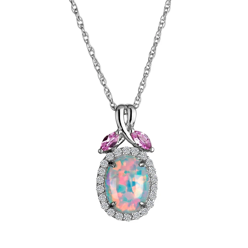 Created Opal with White & Pink Sapphire Pendant, Silver......................NOW