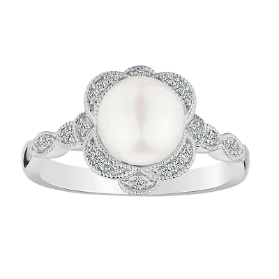 Created White Sapphire & Fresh Water Pearl Ring, Silver...............NOW