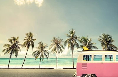 Vintage Car On The Beach With a Surfbord  