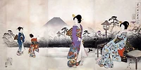 Toyohara - Japonaises en promenade devant le mont Fuji