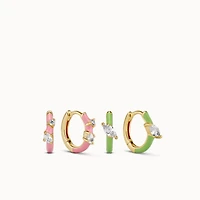 Pink & Green Enamel Huggies Set Hypoallergenic Earrings | Rowan