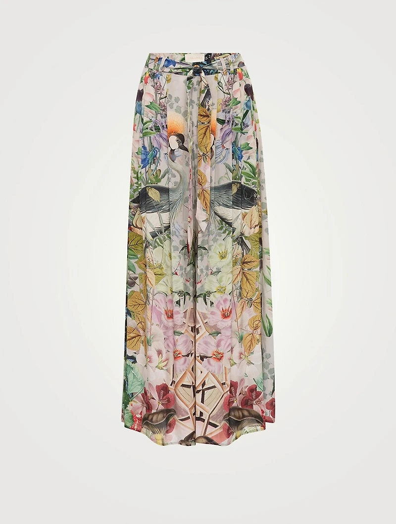 Belted High-Waisted Palazzo Pants Crowned Cranes Print