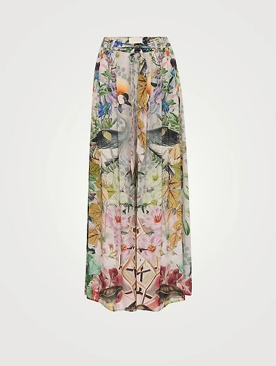 Belted High-Waisted Palazzo Pants Crowned Cranes Print
