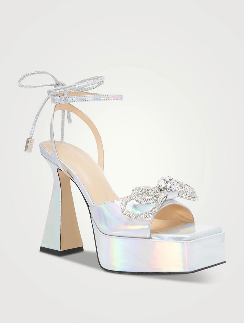 Double Bow Crystal-Embellished Leather Platform Sandals