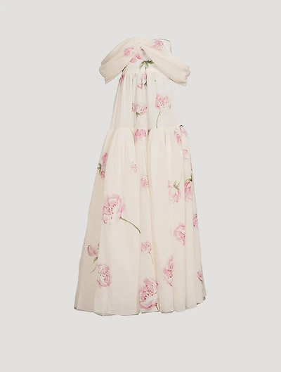 Silk Georgette Off-The-Shoulder Gown Winter Rose Print