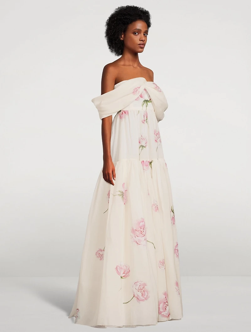 Silk Georgette Off-The-Shoulder Gown Winter Rose Print