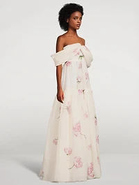 Silk Georgette Off-The-Shoulder Gown Winter Rose Print
