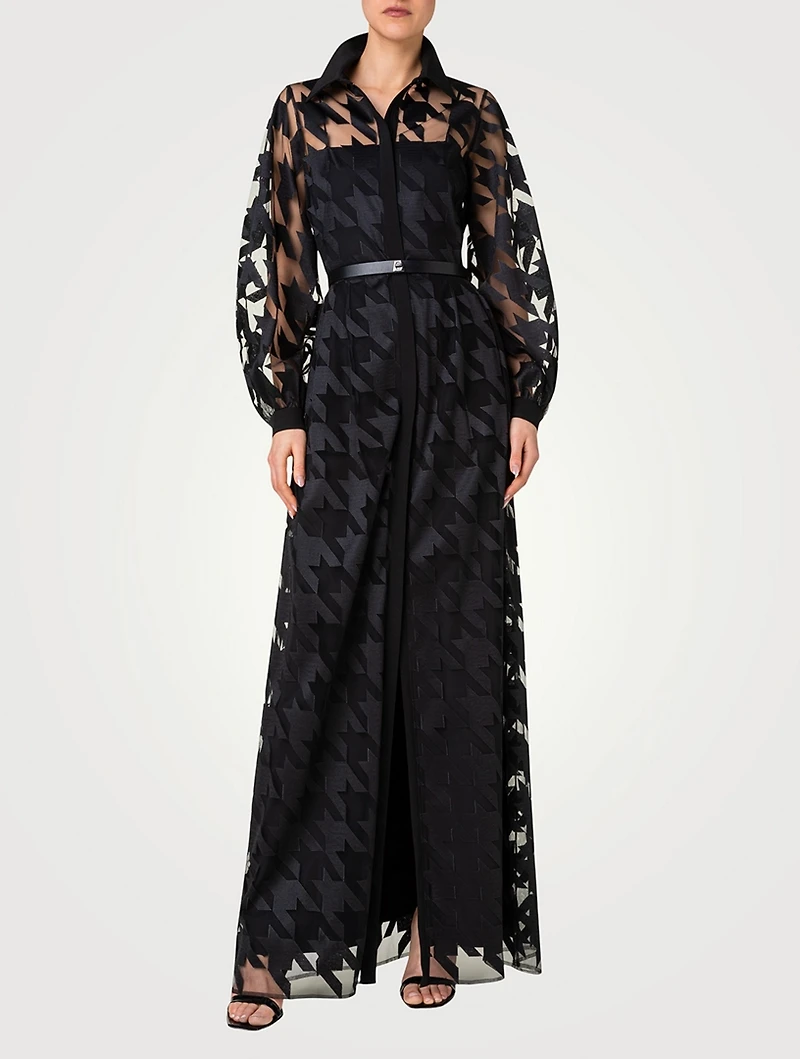 Belted Houndstooth-Embroidered Tulle Gown