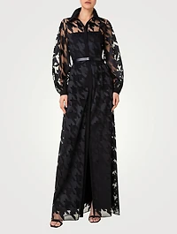 Belted Houndstooth-Embroidered Tulle Gown