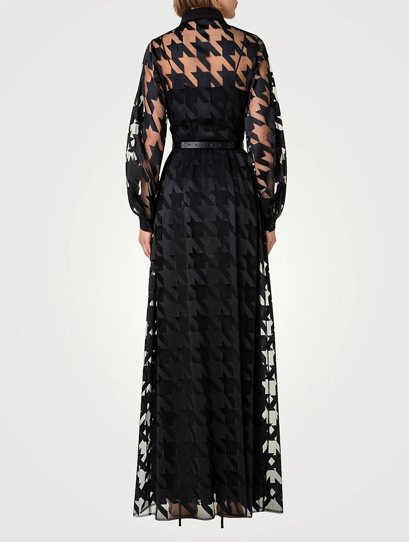 Belted Houndstooth-Embroidered Tulle Gown