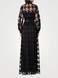 Belted Houndstooth-Embroidered Tulle Gown