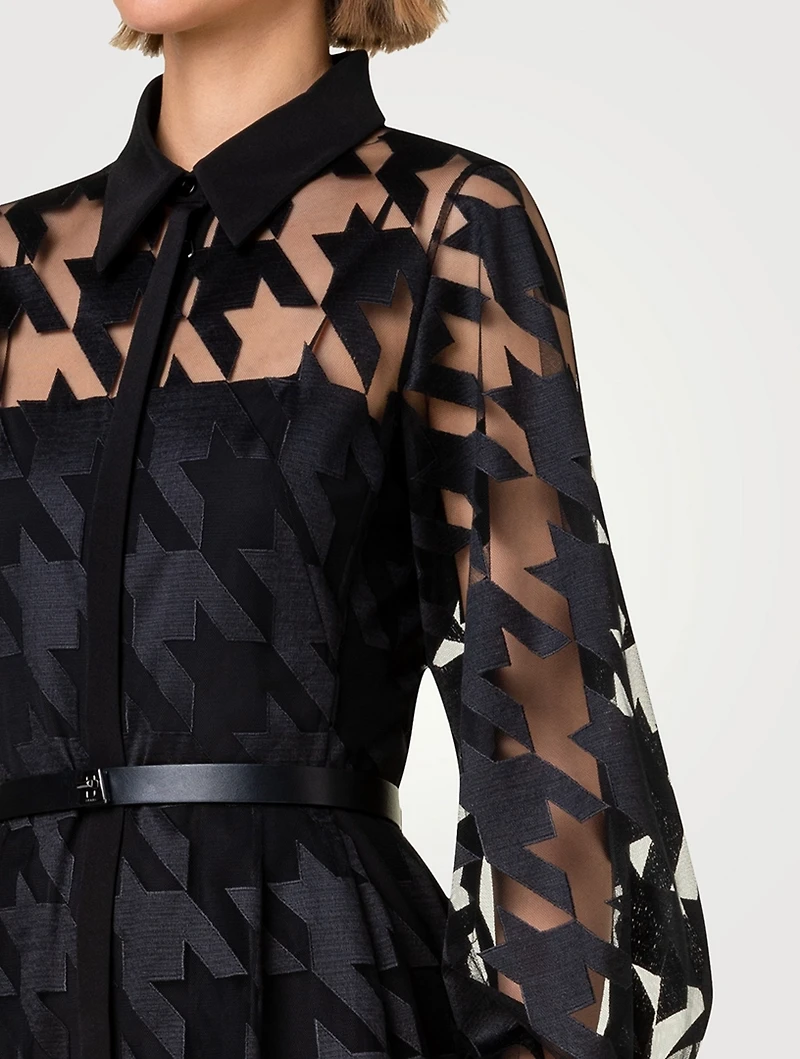 Belted Houndstooth-Embroidered Tulle Gown