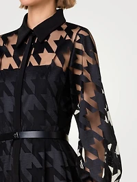 Belted Houndstooth-Embroidered Tulle Gown