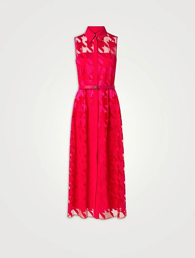 Belted Houndstooth-Embroidered Tulle Midi Dress