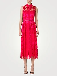 Belted Houndstooth-Embroidered Tulle Midi Dress