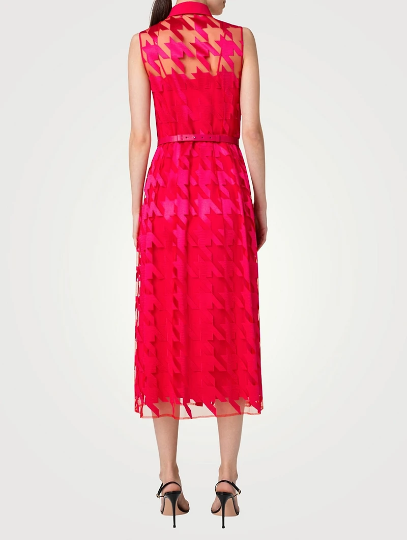 Belted Houndstooth-Embroidered Tulle Midi Dress