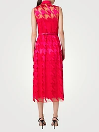 Belted Houndstooth-Embroidered Tulle Midi Dress