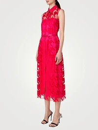 Belted Houndstooth-Embroidered Tulle Midi Dress