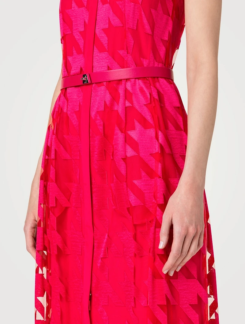 Belted Houndstooth-Embroidered Tulle Midi Dress