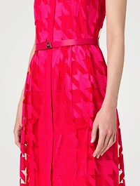 Belted Houndstooth-Embroidered Tulle Midi Dress