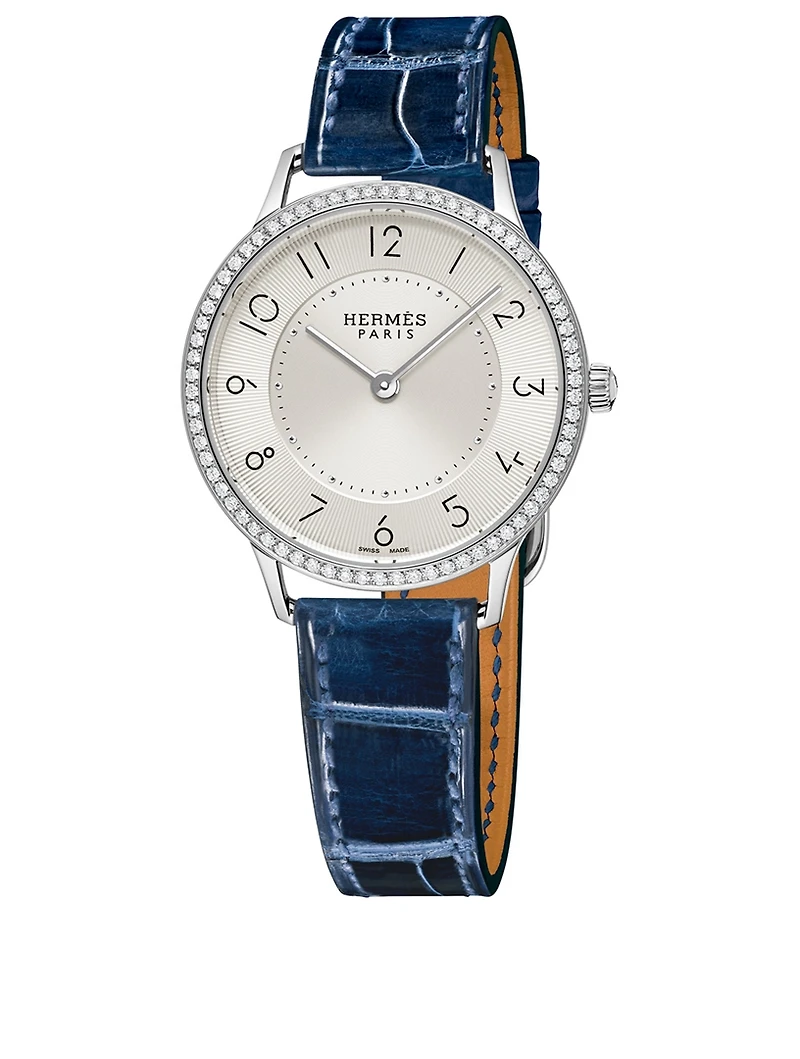 Slim D'Hermès PM Alligator Strap Watch With Diamonds, 32mm