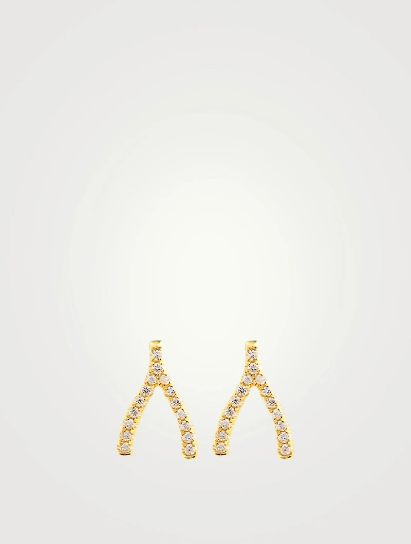 18K Gold Wishbone Stud Earrings With Diamonds