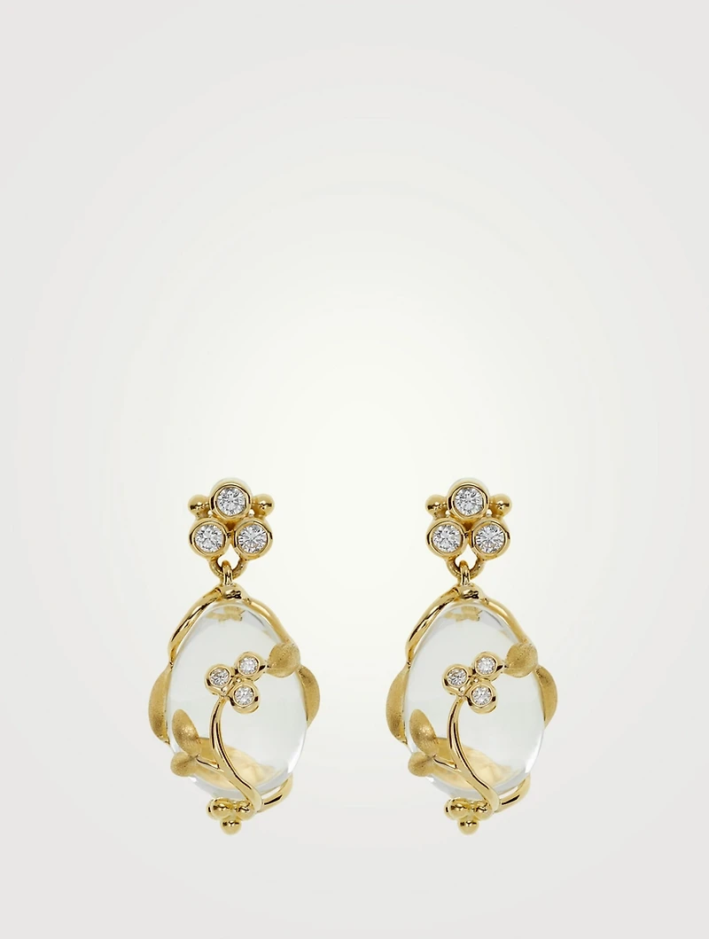 18K Gold Vine Amulet Earrings With Crystal And Diamonds