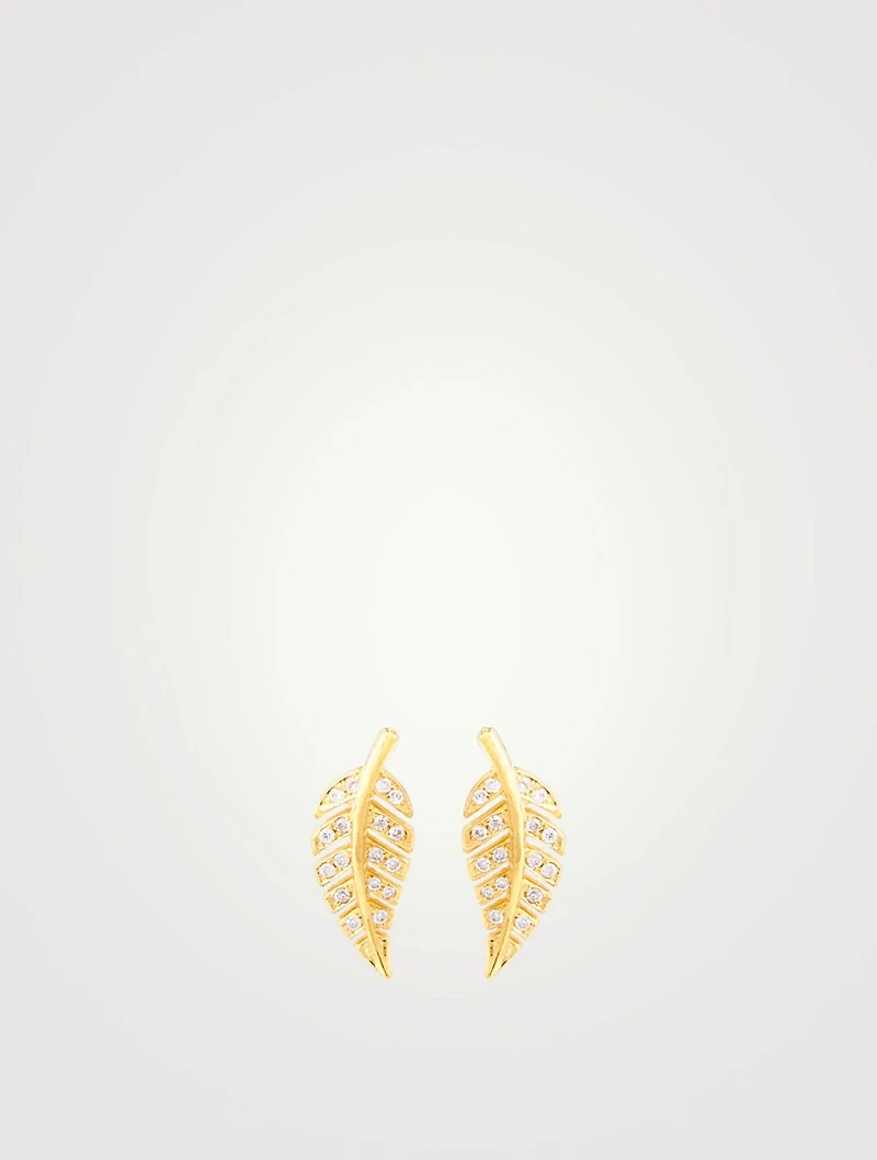 Mini 18K Gold Leaf Stud Earrings With Diamonds