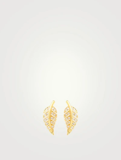 Mini 18K Gold Leaf Stud Earrings With Diamonds