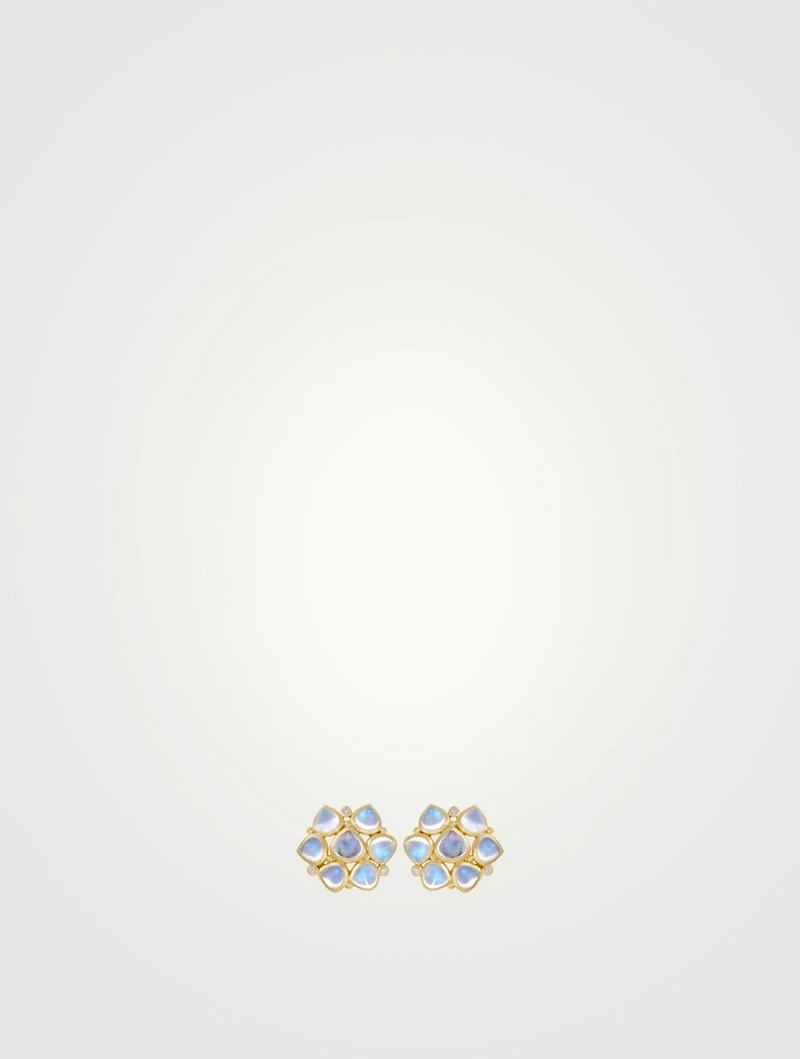 Small 18K Gold Cluster Earrings With Royal Blue Moonstone And Diamonds