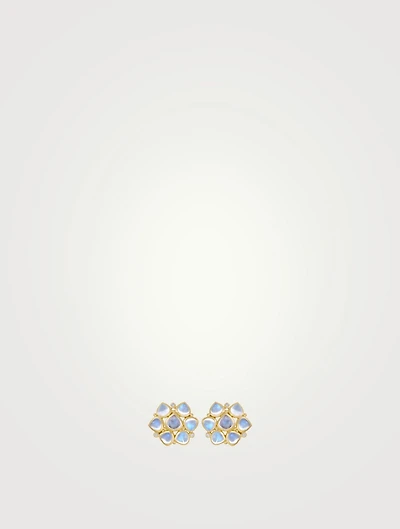 Small 18K Gold Cluster Earrings With Royal Blue Moonstone And Diamonds