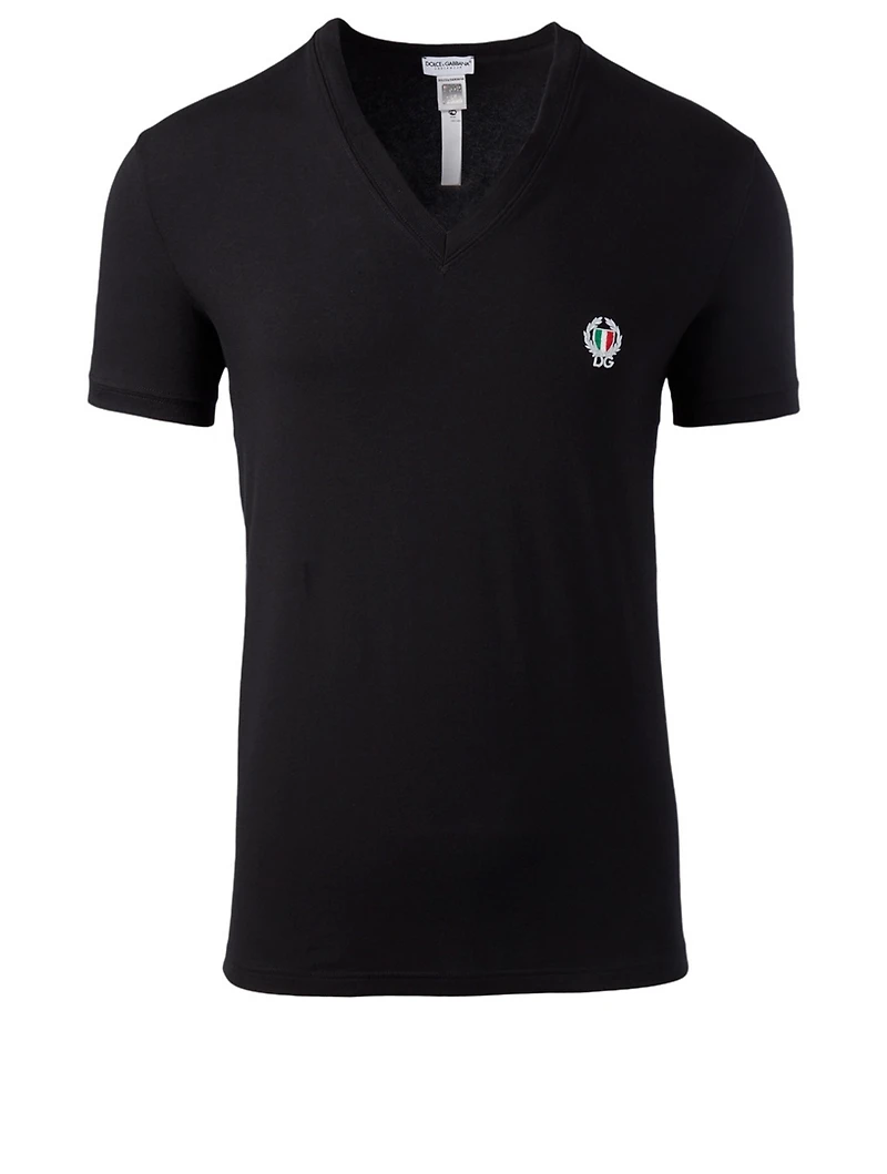 Cotton Stretch V-Neck T-Shirt With Logo Patch