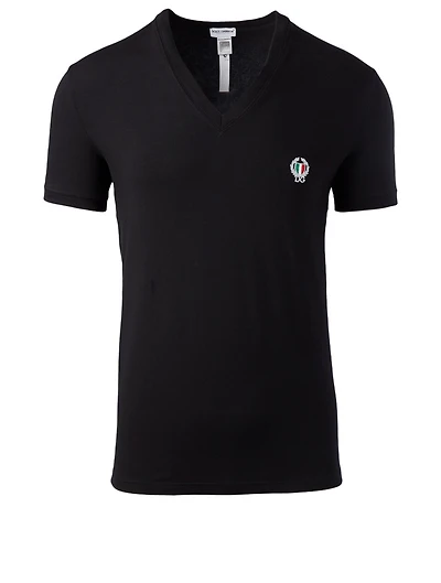 Cotton Stretch V-Neck T-Shirt With Logo Patch