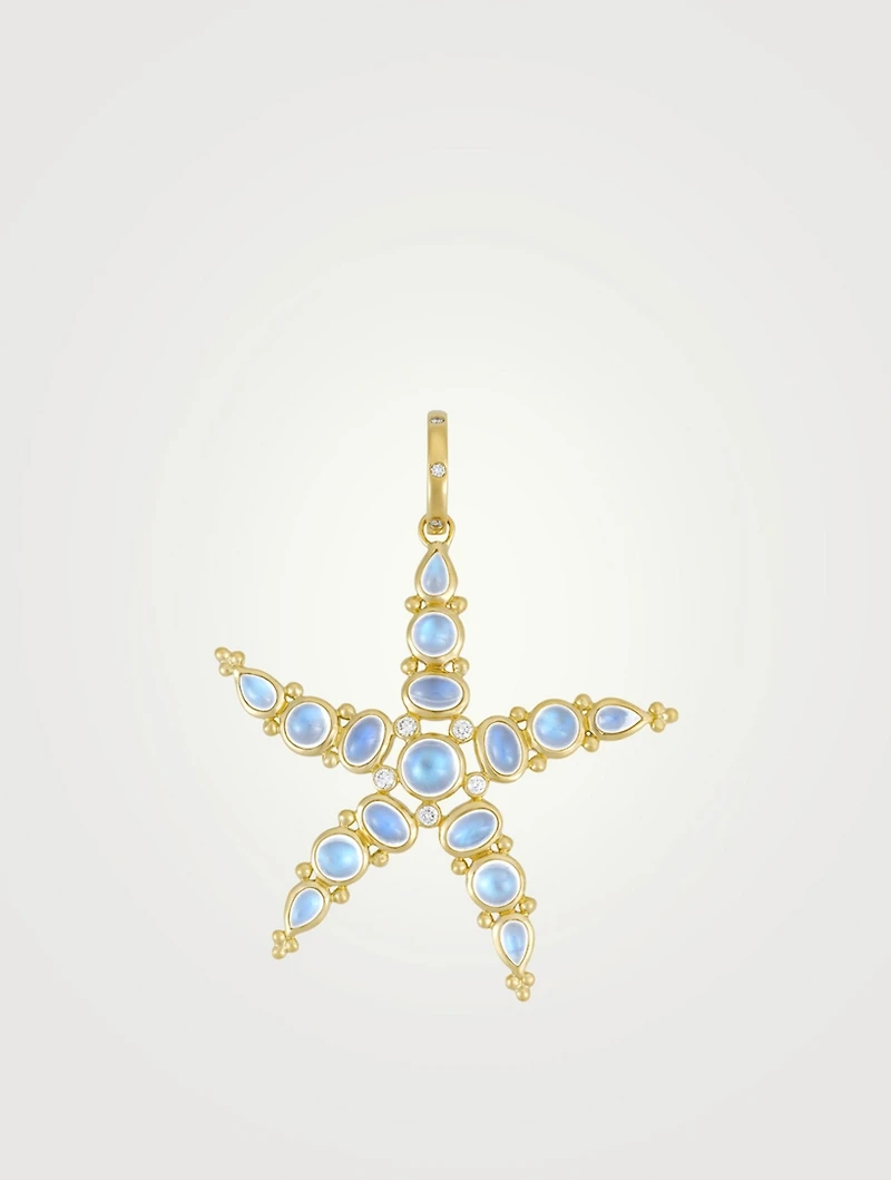 18K Gold Large Sea Star Pendant With Royal Blue Moonstone And Diamonds