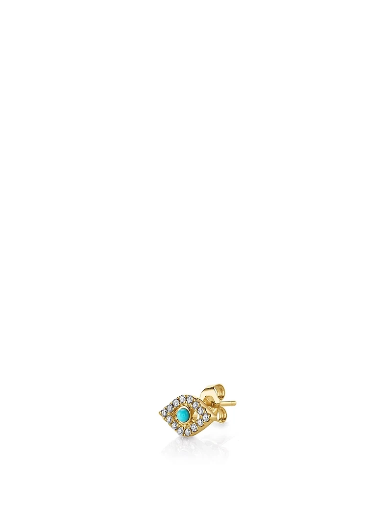 14K Gold Evil Eye Stud Earring With Turquoise And Diamonds