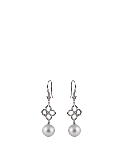 18K White Gold South Sea Pearl Flower Earrings With Diamonds