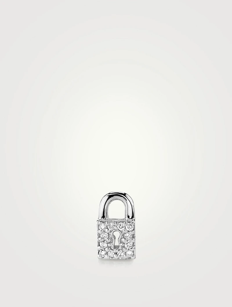 Small 14K White Gold Key Hole Lock Stud Earring With Diamonds