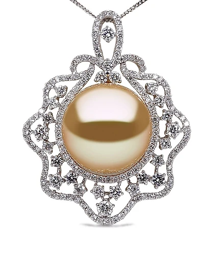 18K White Gold Golden Pearl And Diamond Pendant Necklace