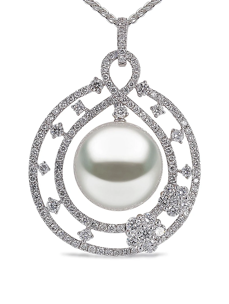 18K White Gold Pearl And Diamond Pendant Necklace