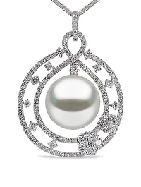 18K White Gold Pearl And Diamond Pendant Necklace