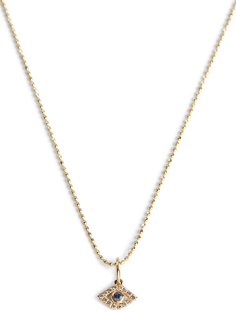 14K Gold Bezel Evil Eye Charm Necklace With Diamonds