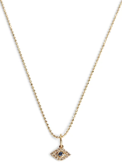 14K Gold Bezel Evil Eye Charm Necklace With Diamonds