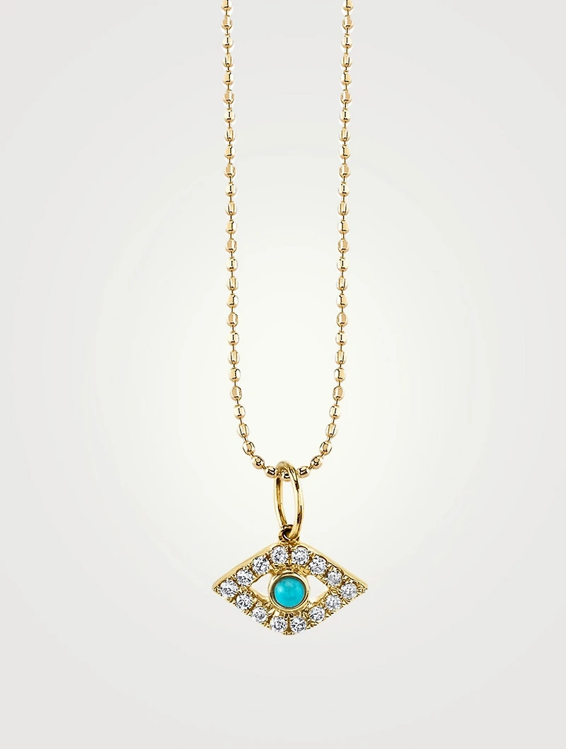 14K Gold Large Diamond Bezel Evil Eye Charm Necklace