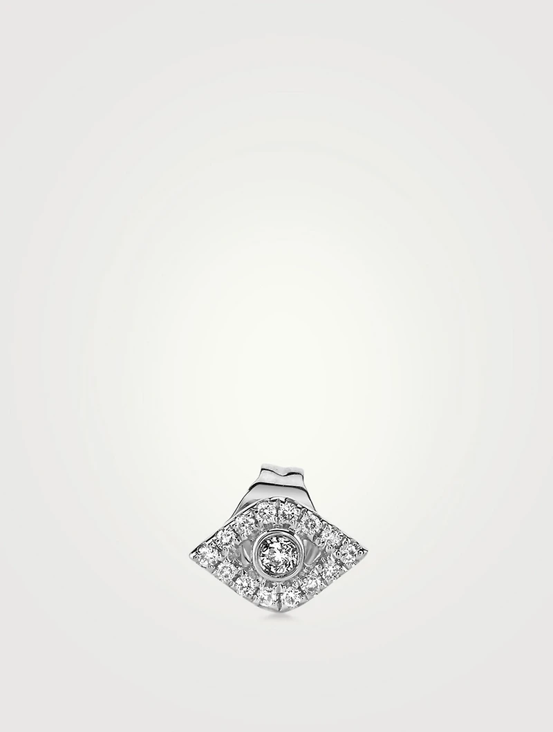 Small 14K White Gold Bezel Evil Eye Single Stud Earring With Diamonds