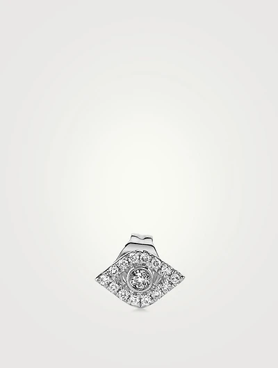 Small 14K White Gold Bezel Evil Eye Single Stud Earring With Diamonds