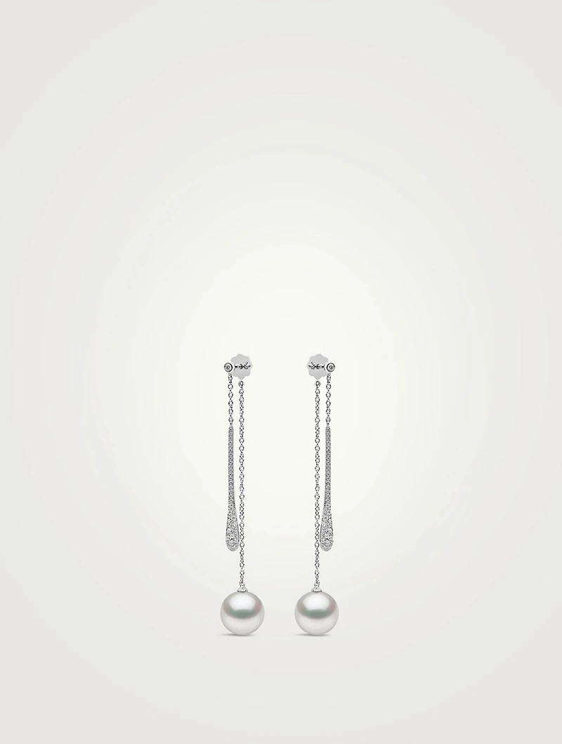 18K White Gold Double Chain Drop Earrings With Pearls And Diamonds