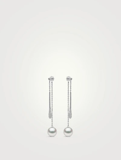 18K White Gold Double Chain Drop Earrings With Pearls And Diamonds